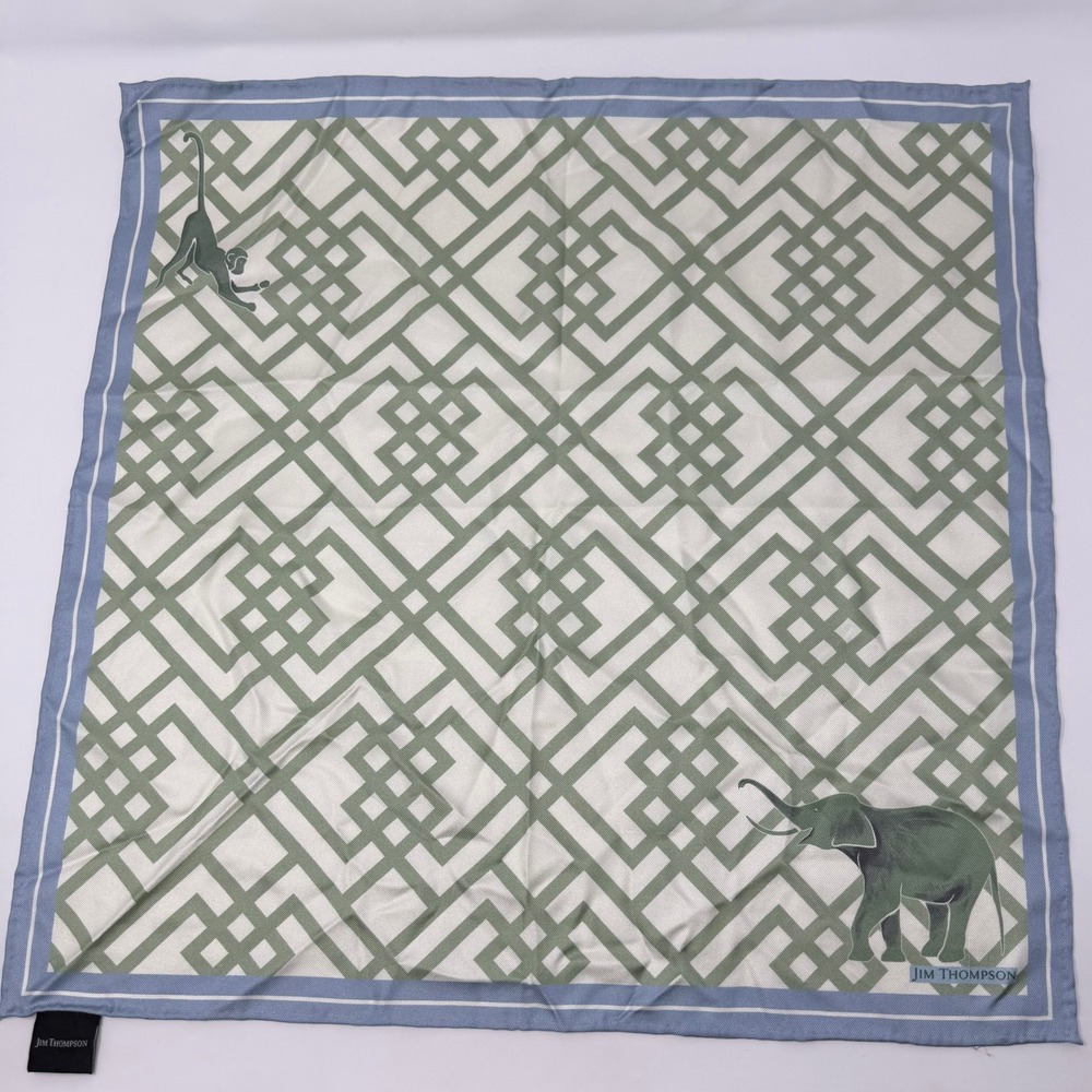 Jim Thompson Thai Silk Pocket Square Handkerchief Green Elephant Monkey 17x17